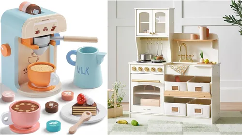 Tiny Land Juego de cocina con sistema de almacenamiento, juguetes y cafetera para niños, juego de cocina de madera para niñas y niños