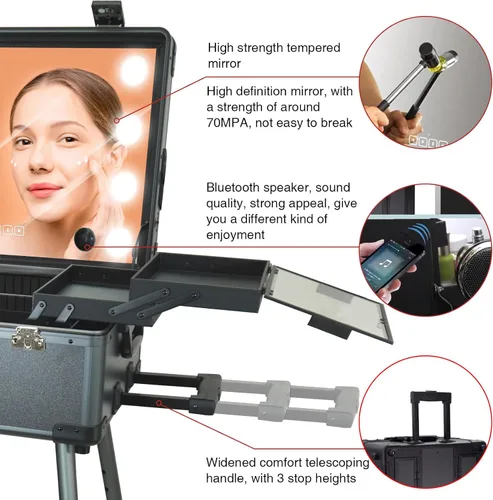 Miniatura 4 de Estuche de maquillaje rodante con espejo de luz LED, patas ajustables, mesa de tren con cerradura, estudio, artista, cosmética, tamaño de mano