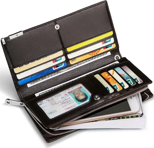 Miniatura 3 de Huztencor Carteras largas para hombre billetera plegable de cuero con bloqueo RFID y cremallera Cartera RFID