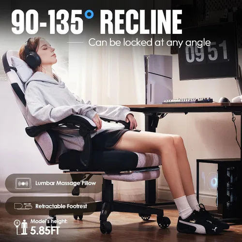 Miniatura 5 de Dowinx Silla de tela para videojuegos, silla ergonómica para computadora con reposapiés y cojín de resorte de bolsillo, silla de videojuegos de Gris