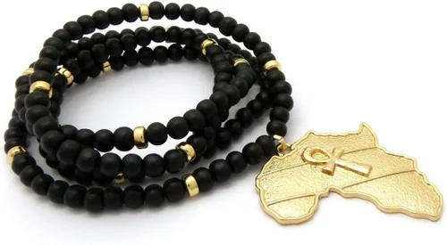 Miniatura 5 de Mens egipcio Ankh Cruz Africa Map Power Puño Oro Colgante 6mm 30" Bead Collar de madera