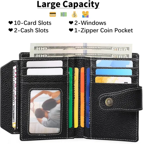 Miniatura 2 de FALAN MULE Cartera pequeña para mujer, de piel auténtica, plegable, compacta, con bloqueo RFID, pequeña cartera para mujer, ZZE-Elegant Negro