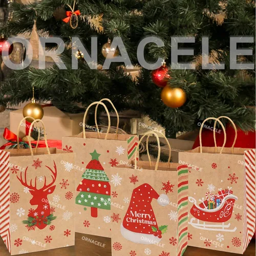 Miniatura 5 de ORNACELE 24 piezas de bolsas de regalo de Navidad surtidas - Pequeñas bolsas de papel kraft con asas e impresiones navideñas para envolver regalos
