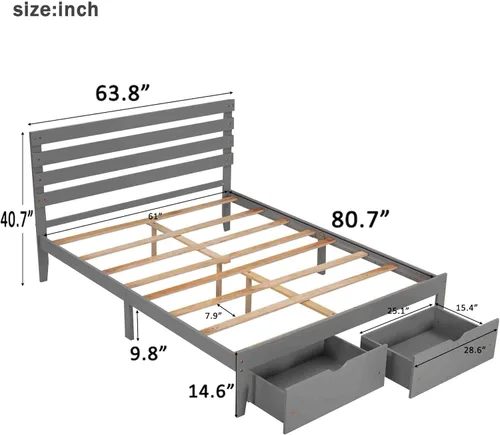Miniatura 2 de Base de cama Queen con cajón de almacenamiento, base de cama de plataforma con cabecero, cámaras de base de colchón, soporte de listones de madera