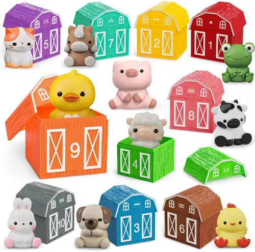 Juguete de aprendizaje para niños pequeños de 1, 2 y 3 años, 10 juguetes de animales de granja y 10 graneros, juguetes sensoriales educativos