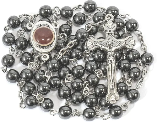 Miniatura 6 de Nazareth Store Hematite Rosary Beads Black Stone Catholic Rosary Necklace with Jerusalem Holy Soil & Cross Antique Religious Rosaries Beads