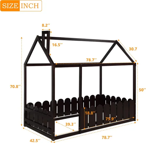 Miniatura 2 de Marco de cama para niños, marco de cama en forma de casa, cama de madera de tamaño individual con valla para niños, adolescentes, niñas, niños