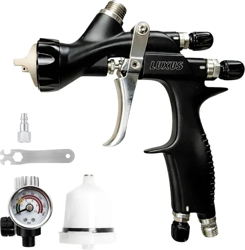 LUXUS 1.3 HVLP/LVMP Pistola de pintura en aerosol profesional con vaso de plástico de 21.1 fl oz, regulador de aire, kit de limpieza, patrón de