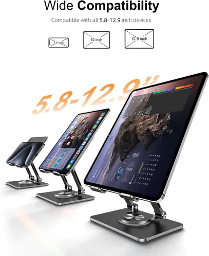 Miniatura 7 de Soporte para Tablet con Base Giratoria de 360° de Aluminio Ajustable de Doble Varilla para Todos los iPad de 5.8-12.9”, Samsung, Teléfono Tablet