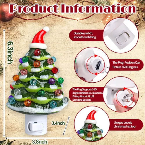 Miniatura 2 de Luz nocturna de cerámica para árbol de Navidad, paquete de 2 luces nocturnas de Navidad con enchufe de 6.3 pulgadas, árboles de Navidad de cerámica