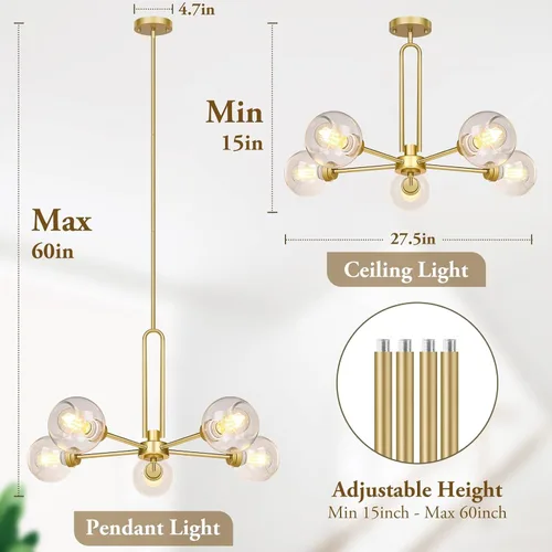 Miniatura 5 de Lámpara colgante con forma de globo, moderna lámpara de techo semiempotrada dorada con vidrio transparente, lámpara Sputnik de 5 luces para comedor