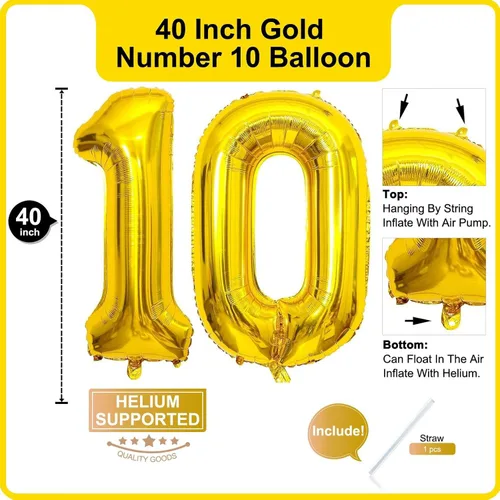 Miniatura 2 de Lovoir Globo dorado de 40 pulgadas, 10 dígitos gigantes, de papel de aluminio de Mylar para helio de 10º cumpleaños, decoración de celebración, oro