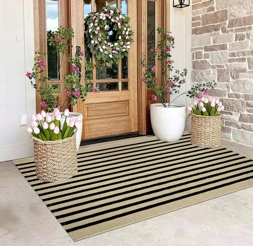 Miniatura 67 de Tapete para exteriores de rayas color negro y blanco, tapete tejido a mano lavable a máquina para interiores, porche, entrada, sala, pasillo, Rayas