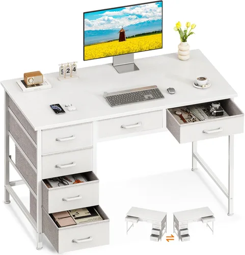 Miniatura 10 de ODK - Escritorio para computadora con 6 cajones, escritorio de oficina de 48 pulgadas con almacenamiento, escritorio reversible con gancho para Negro