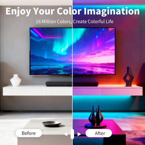 Miniatura 5 de Tira de luces LED, sincronización de música RGB, luces LED que cambian de color con control remoto y control remoto de aplicación inteligente, luces