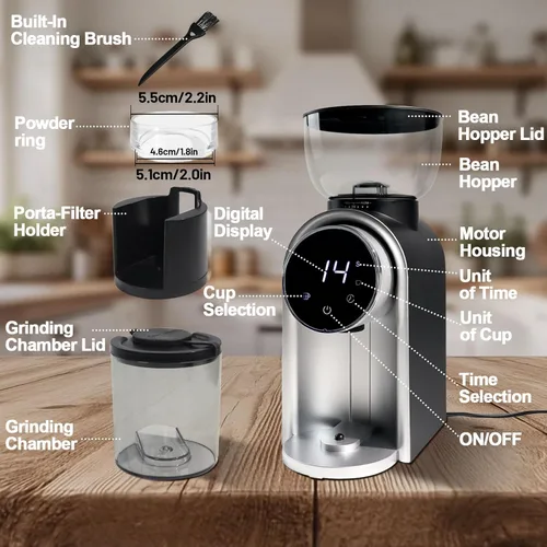 Miniatura 3 de Molinillo de café eléctrico con pantalla táctil, 2-14 tazas, molinillo de café cónico con 25 ajustes de molienda, cepillo de limpieza, molienda Negro