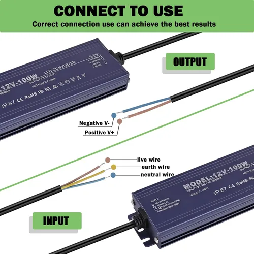 Miniatura 4 de Controlador LED de 12 V, IP67, impermeable, 12 V, 8,3 A, 100 W, transformador de fuente de alimentación de 100 ~ 264 V CA a 12 voltios CC, salida