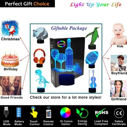 Miniatura 6 de Luz nocturna de ilusión 3D de copa de vino, lámpara de noche LED regulable de 16 colores con control táctil y remoto, USB y alimentada por batería