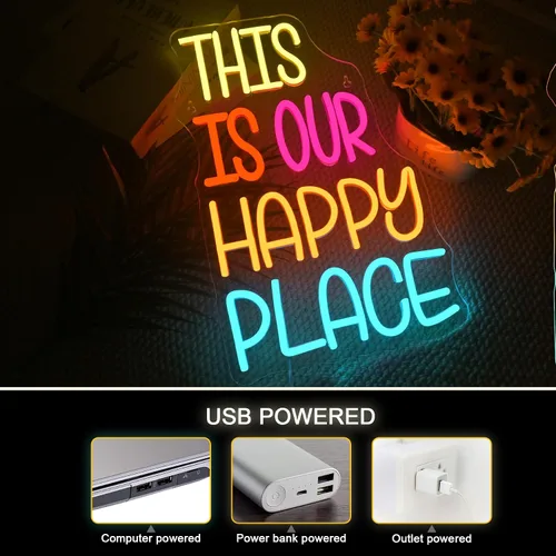 Miniatura 3 de NOSUN Letrero de neón con texto en inglés «This is Our Happy Place» para decoración de pared, letras coloridas y alegres, luces LED de neón con USB