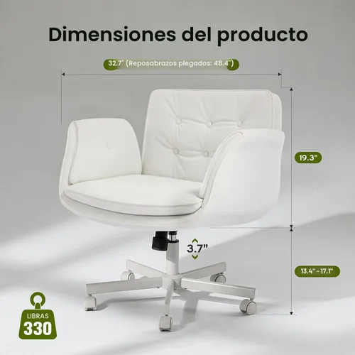 Miniatura 2 de amseatec Silla Criss Cross con reposabrazos y ruedas, silla de tocador de cuero PU, silla giratoria cómoda y ajustable para escritorio de Blanco