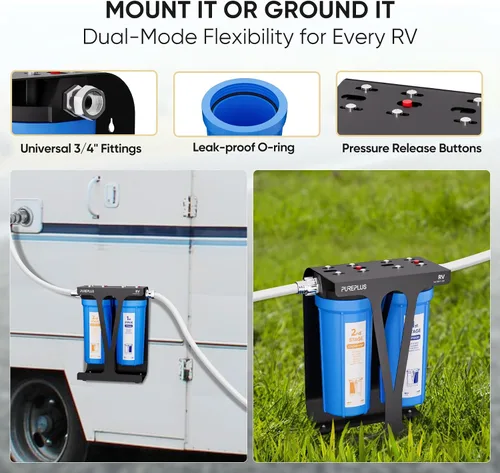 Miniatura 6 de PUREPLUS Sistema de filtro de agua de doble etapa RV con sedimentos ranurados y cartuchos KDF/carbono, accesorios de acero inoxidable de 3/4