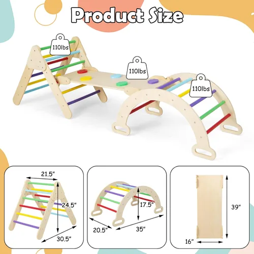 Miniatura 7 de Olakids Triángulo Pikler Set 7 en 1 Juguetes de Escalada para Niños Pequeños de 1-3 Años Interior Plegable Madera Montessori Gimnasio de la Selva