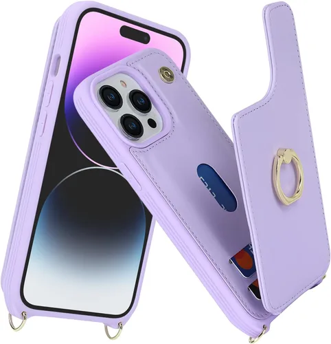 Miniatura 2 de Lipvina Funda para iPhone 14 Pro Max con tarjetero para mujer, funda para teléfono con correa, cordón cruzado, soporte de anillo, cierre a presión
