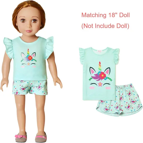 Miniatura 6 de QPANCY Pijamas a juego para niñas y muñecas de unicornio ropa de dormir de algodón de verano