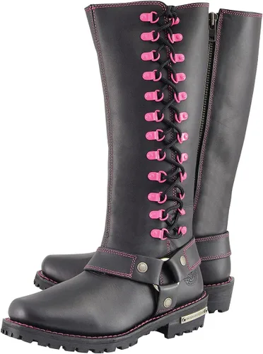 Miniatura 7 de Milwaukee Leather MBL9367 - Botas de cuero negras de 14 pulgadas con cordones fucsia, talla 11