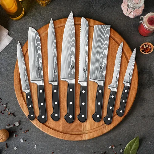 Miniatura 9 de Dfito Juego de cuchillos de chef con bolsa de rollo, juego de 9 cuchillos profesionales con afilador, juego de cuchillos de cocina de acero Negro