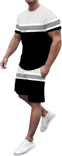 Conjunto deportivo de verano de 2 piezas con bloques de colores para hombre, conjunto de chándal casual para correr
