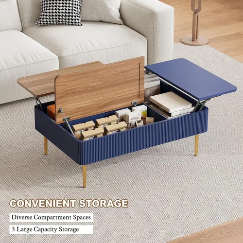 Miniatura 5 de HLR Mesa auxiliar de doble elevación de 47 pulgadas con almacenamiento, moderna mesa de centro de madera acanalada con compartimento oculto, mesa