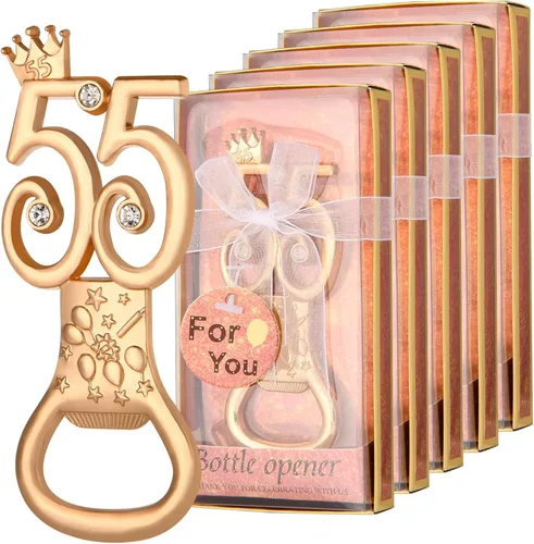 24 cajas de abrebotellas de cumpleaños 55 con temática de oro rosa, adecuado para regalos de fiesta de boda, regalos de fiesta de cumpleaños o