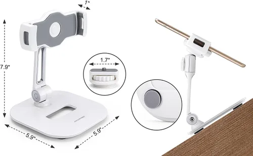 Miniatura 9 de AboveTEK Soporte para tableta, elegante soporte de aluminio para iPad, plegable giratorio de 360° para iPad iPhone, soporte de mesa para Blanco