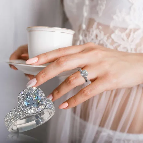 Miniatura 5 de Juego de anillos de compromiso para el día de San Valentín, 2 en 1 para mujer, vintage, blanco, diamante, plata, anillo de compromiso, 6#-A