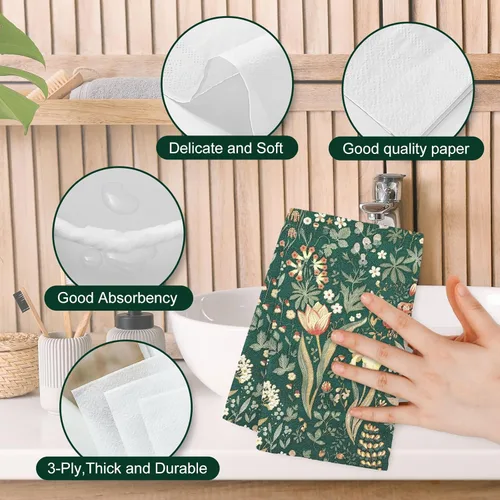 Miniatura 7 de 80 servilletas de papel desechables de flores verdes vintage, servilletas de papel desechables con plantas retro, toallas de mano para suministros