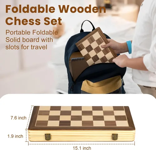 Miniatura 5 de LEAP Juego de ajedrez magnético de madera de 15.5 pulgadas, tablero de ajedrez plegable de 3 pulgadas, piezas de ajedrez de altura King de 3