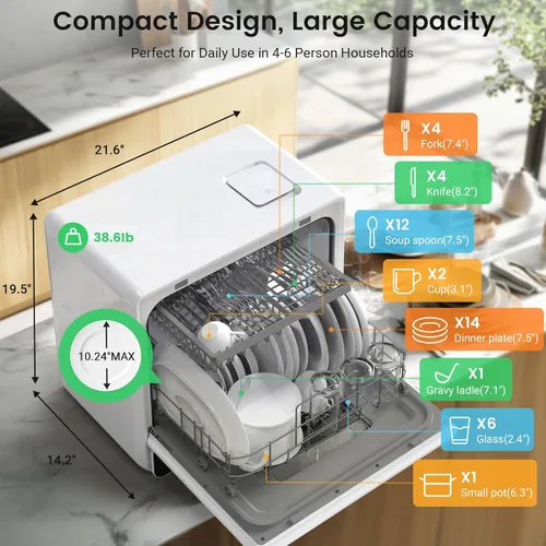Miniatura 7 de BLITZHOME Lavavajillas portátil de mostrador WiFi, inteligente con 9 programas, alta temperatura de 75℃, pulverización 360° 3Spray, temporizador