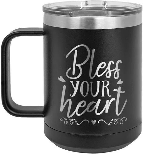 BLESS YOUR HEART Taza de café negra de 15 oz con tapa deslizante | Taza de café de viaje aislada | Ideas de regalos de cumpleaños o Navidad de