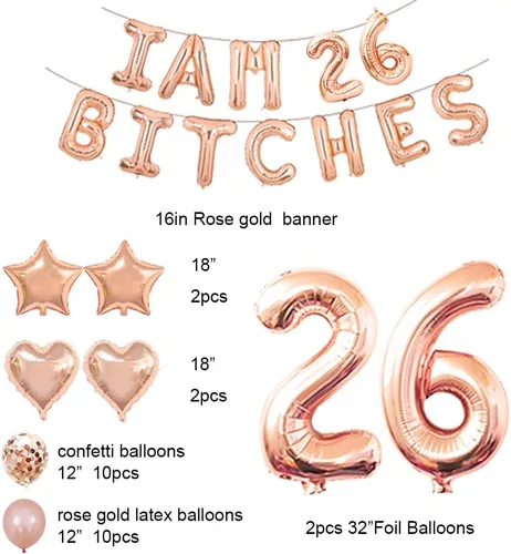Miniatura 2 de Juego de fiesta de cumpleaños número 26, con texto en inglés "I am 26 Bitches" (Soy 26 Bitches), globos de confeti de oro rosa para niñas de 26 años