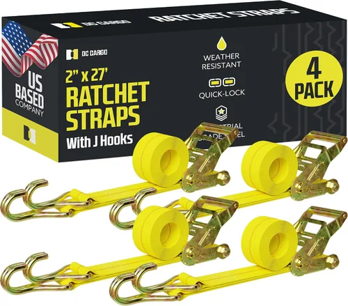 Miniatura 10 de DC - Correas de trinquete de amarre de carga con ganchos en J, (paquete de 2) correas de trinquete resistentes de 2 pulgadas x 27 pies, extremos