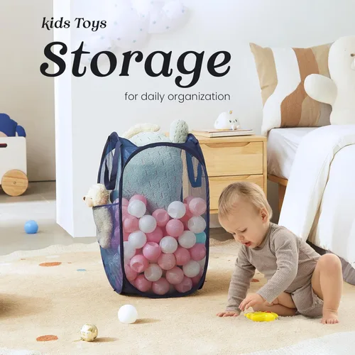 Miniatura 6 de TECHMILLY Cesta plegable de malla para la ropa sucia con asas resistentes y bolsillo lateral, cestas plegables portátiles para ropa para dormitorio