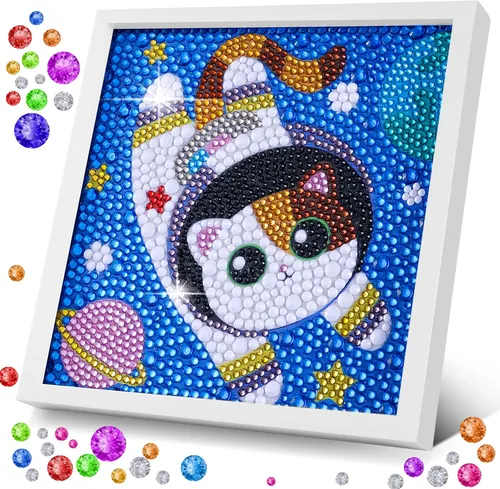 ZALIAFEI Space Cat - Kits de arte de diamantes para niños, arte de diamantes para vacaciones, kits de arte de gemas para niñas, regalo de Gato blanco