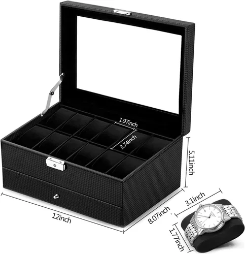 Miniatura 5 de Oyydecor Caja de reloj con 12 ranuras, organizador de relojes, organizador de joyas con cajón de joyería para almacenamiento y exhibición