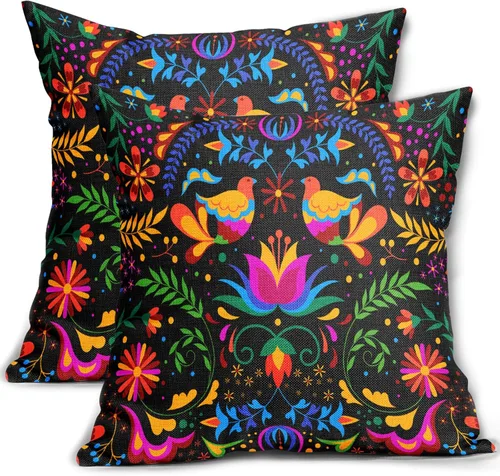 Miniatura 9 de Juego de 2 fundas de almohada con estampado floral mexicano de 18 x 18 pulgadas, diseño étnico colorido de pájaros y flores de cachemira, fundas