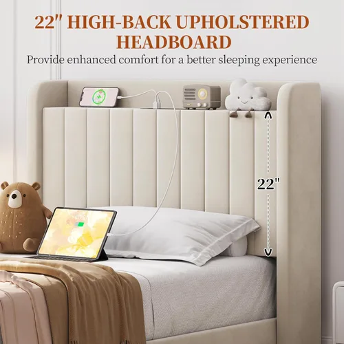 Miniatura 8 de Yaheetech Twin Platform Bed Frame, Upholstered Wing Side Headboard with USB Charging Station and Storage Shelf, Wooden Slat Support, Noise Free, No