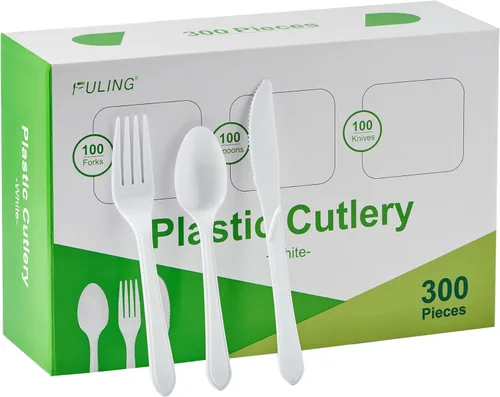 Miniatura 8 de FULING Juego de cubiertos de plástico negro de 300 piezas, cuchillos de plástico desechables y cubiertos – Utensilios pesados reutilizables