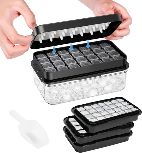 Miniatura 14 de Bandeja para cubitos de hielo con tapa y contenedor, 28 moldes para cubitos de hielo, bandejas de hielo para congelador, molde de bandeja