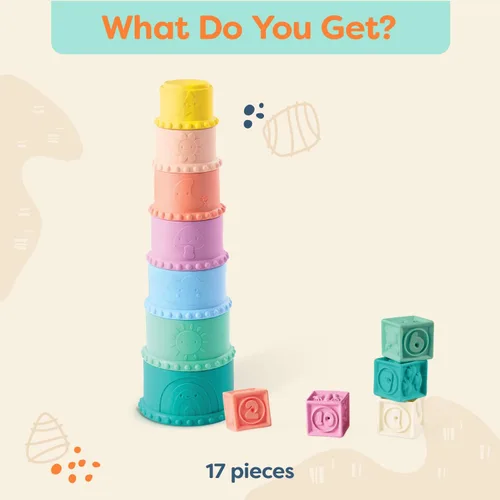 Miniatura 6 de B. toys Juguetes sensoriales para bebés - Bloques suaves para bebés - Vasos de goteo apilables - Números, formas y animales - Más de 6 meses