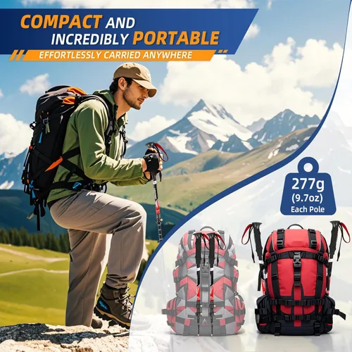 Miniatura 4 de Bastones de trekking ligeros y plegables para senderismo – Paquete de 2 bastones de senderismo ajustables, bastones de aluminio para esquí, caminata
